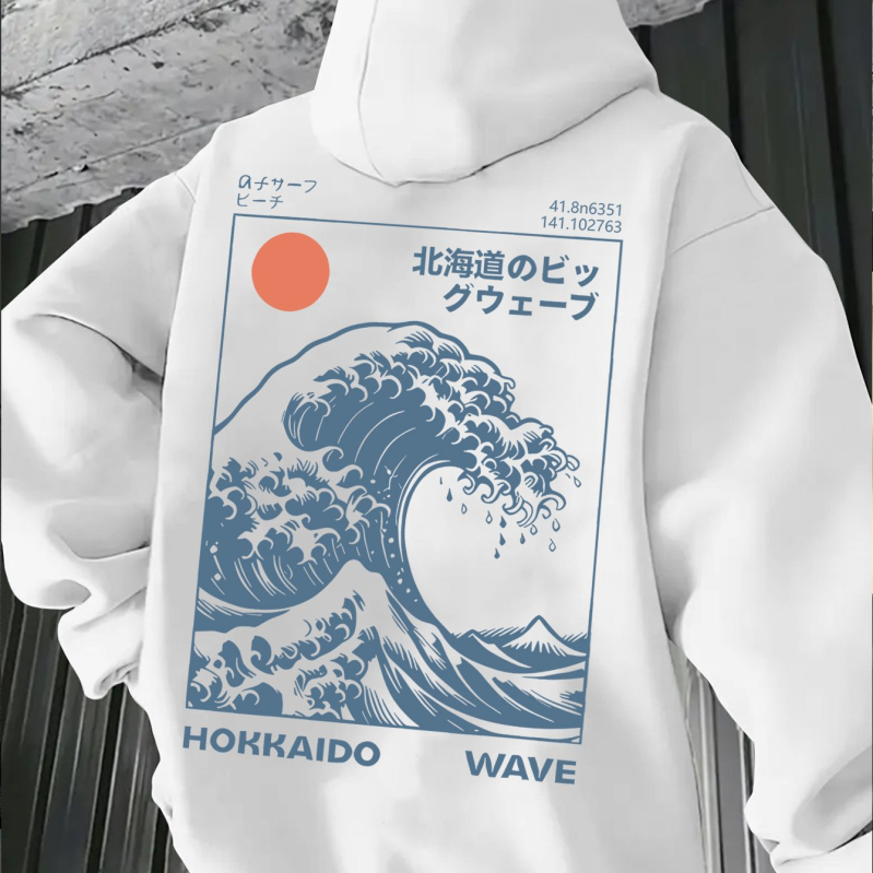 Худи с принт японски вълнов мотив и Великата вълна Канагава – винтидж стил за сърф, свободна кройка, полиестерна материя