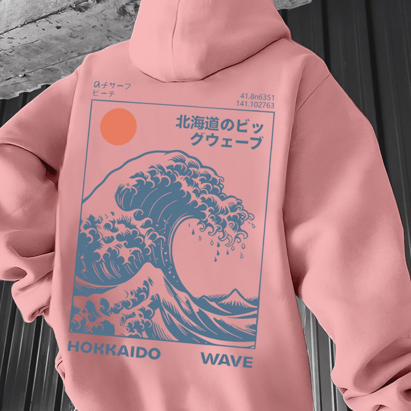 Худи с принт японски вълнов мотив и Великата вълна Канагава – винтидж стил за сърф, свободна кройка, полиестерна материя