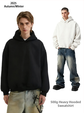 Худи от памук с качулка, тежък боксов стил и свободна кройка; 500 г тегло, памук 51–70%, джоб Mingji patch, технологично подобрено топло