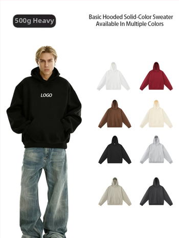 Худи от памук с качулка, тежък боксов стил и свободна кройка; 500 г тегло, памук 51–70%, джоб Mingji patch, технологично подобрено топло