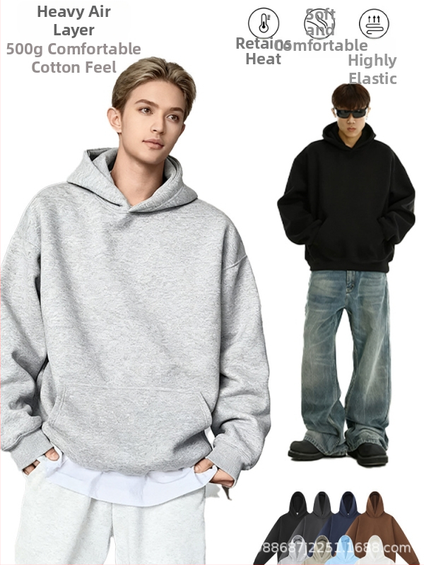 Худи от памук с качулка, тежък боксов стил и свободна кройка; 500 г тегло, памук 51–70%, джоб Mingji patch, технологично подобрено топло