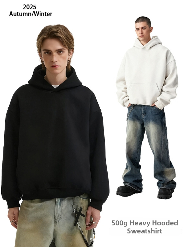 Худи от памук с качулка, тежък боксов стил и свободна кройка; 500 г тегло, памук 51–70%, джоб Mingji patch, технологично подобрено топло