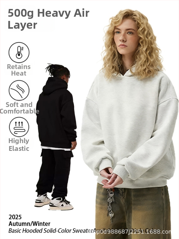 Худи от памук с качулка, тежък боксов стил и свободна кройка; 500 г тегло, памук 51–70%, джоб Mingji patch, технологично подобрено топло