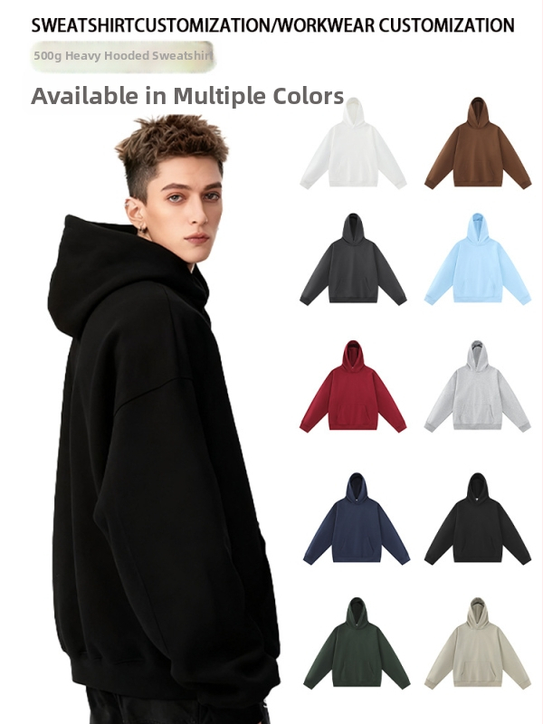 Худи от памук с качулка, тежък боксов стил и свободна кройка; 500 г тегло, памук 51–70%, джоб Mingji patch, технологично подобрено топло