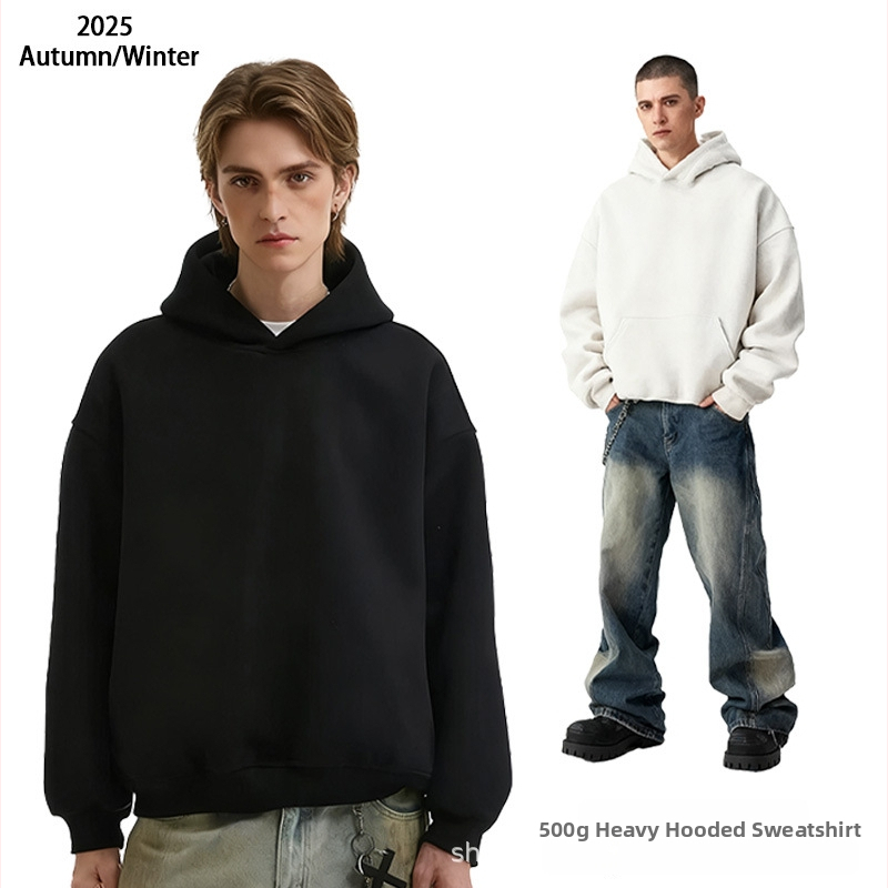 Худи от памук с качулка, тежък боксов стил и свободна кройка; 500 г тегло, памук 51–70%, джоб Mingji patch, технологично подобрено топло