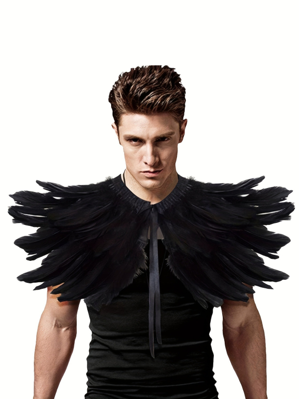 Средновековен костюм за вещица: пернат шал-наметало, жилетка, фалшив яка и дяволски рога – Хелоуин, за възрастни, пролет 2025