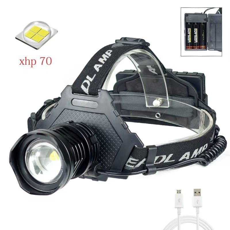 USB презареждаем LED челник за къмпинг и риболов, 30W, 3×18650, алуминиева сплав, водоустойчив, обхват 200–500 m