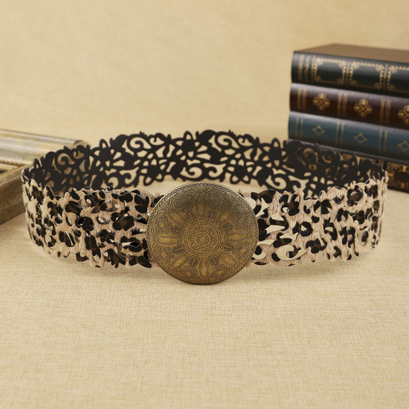 Centură lată din piele PU, cataramă din aliaj gravată cu disc, închidere cu cârlig, finisaj gravat și electroplatat