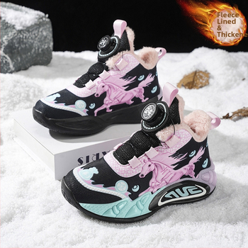 Vaikų žieminiai sportiniai bateliai iš sintetinės odos, karikatūrų raštas, atsparūs vandeniui, atsparūs dėvėjimui, užsegimas pasukamu mygtuku