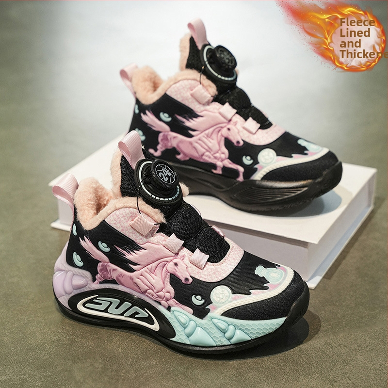 Vaikų žieminiai sportiniai bateliai iš sintetinės odos, karikatūrų raštas, atsparūs vandeniui, atsparūs dėvėjimui, užsegimas pasukamu mygtuku