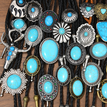 Боло вратовръзка, геометричен дизайн, етно стил, туркуз материал, висулка от сплав, ръчно плетено