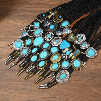 Боло вратовръзка, геометричен дизайн, етно стил, туркуз материал, висулка от сплав, ръчно плетено