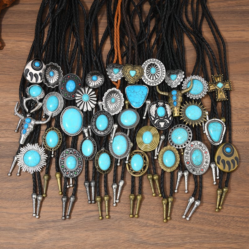 Боло вратовръзка, геометричен дизайн, етно стил, туркуз материал, висулка от сплав, ръчно плетено