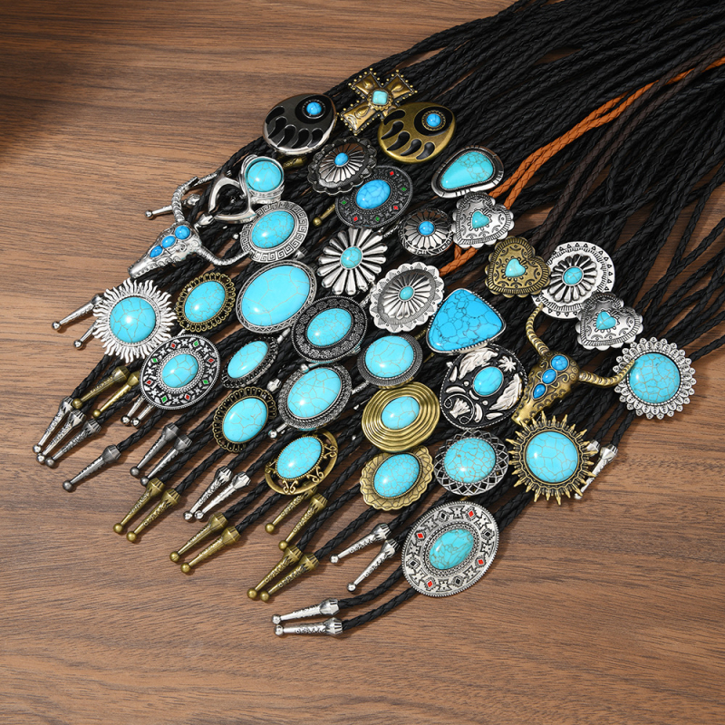 Боло вратовръзка, геометричен дизайн, етно стил, туркуз материал, висулка от сплав, ръчно плетено