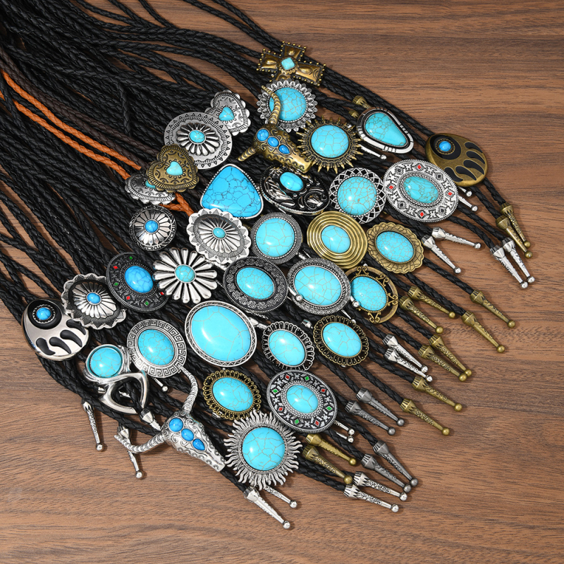 Боло вратовръзка, геометричен дизайн, етно стил, туркуз материал, висулка от сплав, ръчно плетено