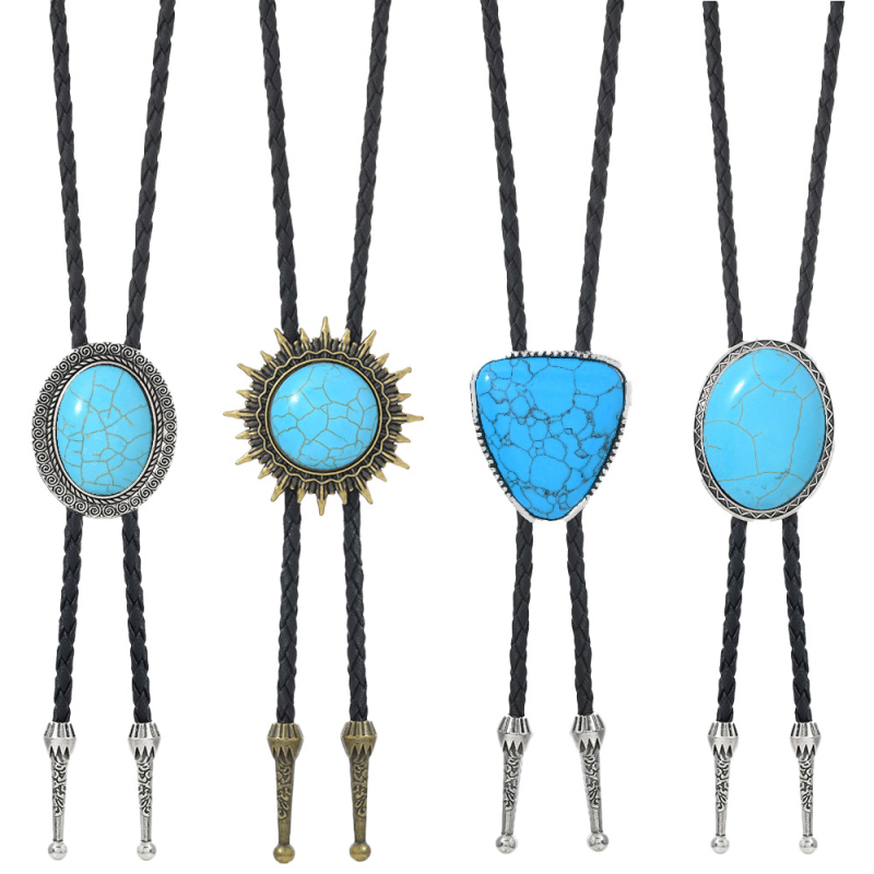 Боло вратовръзка, геометричен дизайн, етно стил, туркуз материал, висулка от сплав, ръчно плетено