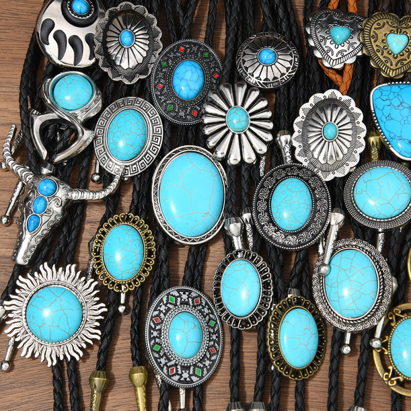 Боло вратовръзка, геометричен дизайн, етно стил, туркуз материал, висулка от сплав, ръчно плетено