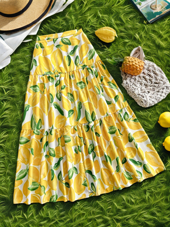 Висока талия, А‑линейна дълга миди пола с плодова шарка, полиестерна тъкан, ежедневен японско‑корейски стил