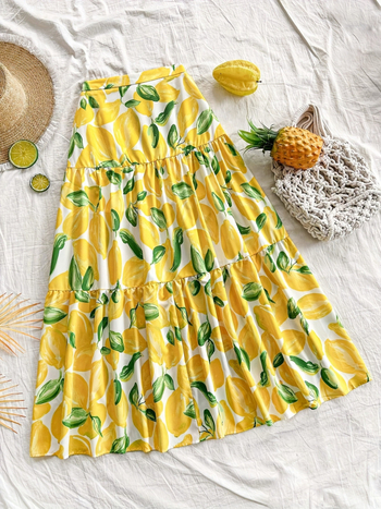 Висока талия, А‑линейна дълга миди пола с плодова шарка, полиестерна тъкан, ежедневен японско‑корейски стил