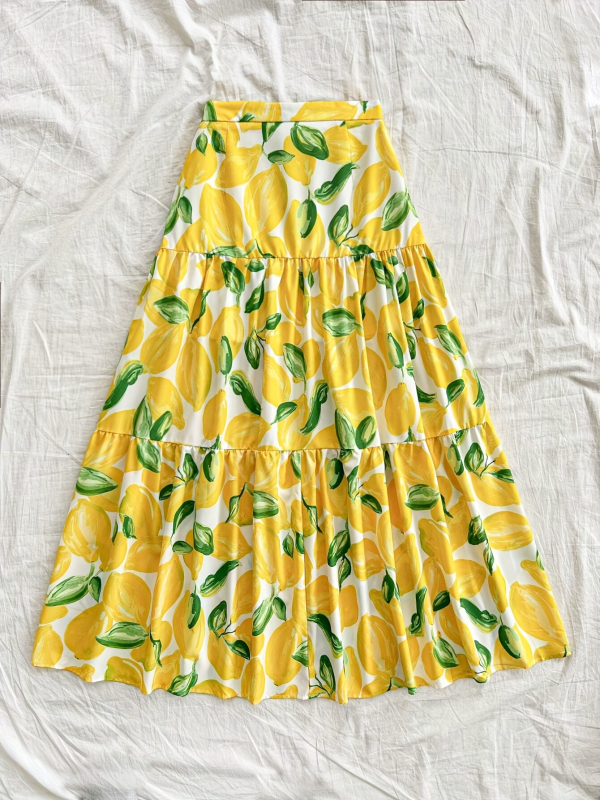 Висока талия, А‑линейна дълга миди пола с плодова шарка, полиестерна тъкан, ежедневен японско‑корейски стил