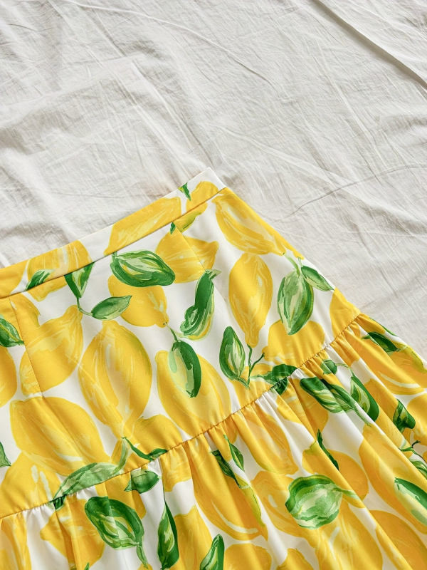 Висока талия, А‑линейна дълга миди пола с плодова шарка, полиестерна тъкан, ежедневен японско‑корейски стил