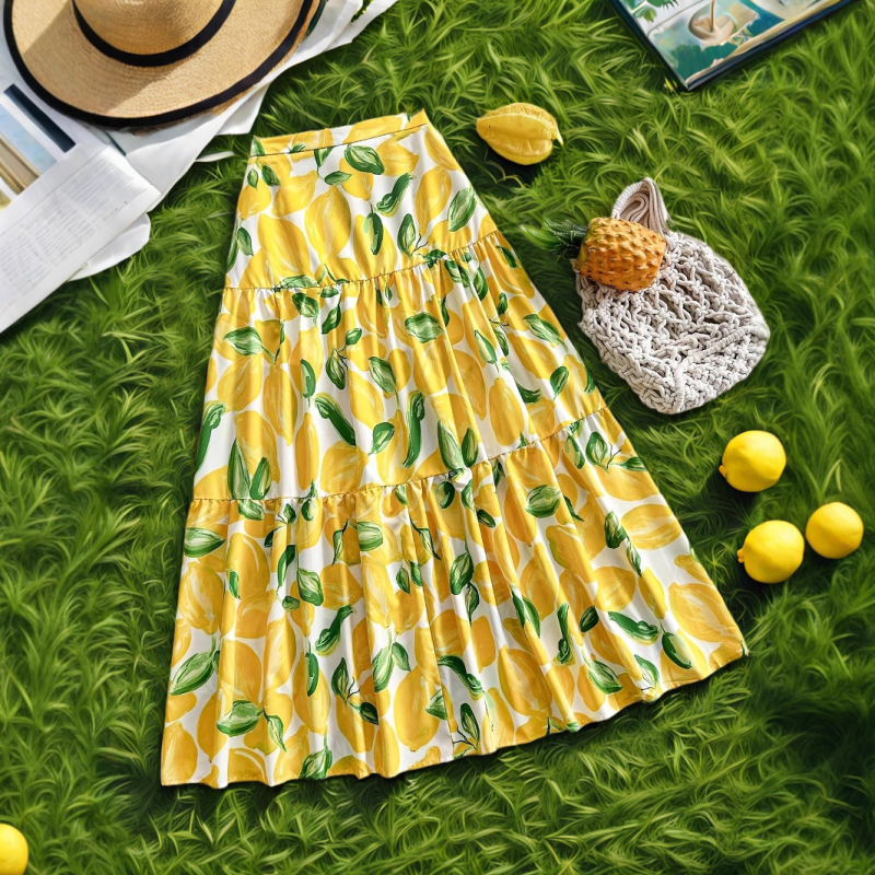 Висока талия, А‑линейна дълга миди пола с плодова шарка, полиестерна тъкан, ежедневен японско‑корейски стил