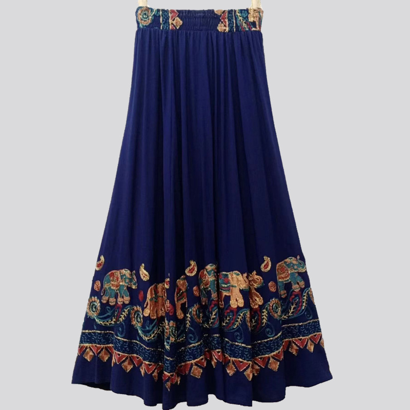 Етно стилова дълга пола А-линия с вишивка на слон, памук-лен микс, съдържание памук 50-70%, коноп <30%, Пролет 2023