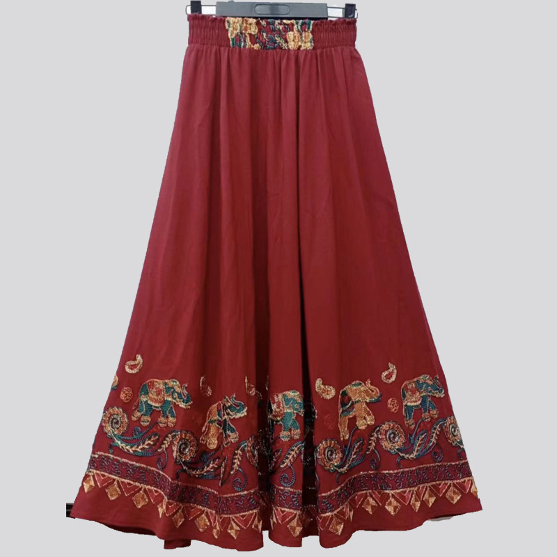 Етно стилова дълга пола А-линия с вишивка на слон, памук-лен микс, съдържание памук 50-70%, коноп <30%, Пролет 2023