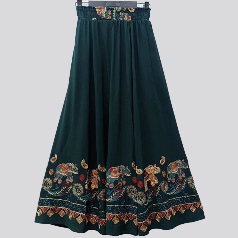 Етно стилова дълга пола А-линия с вишивка на слон, памук-лен микс, съдържание памук 50-70%, коноп <30%, Пролет 2023