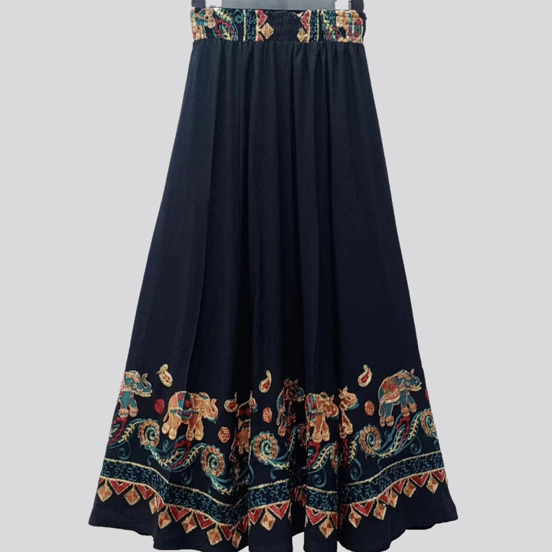 Етно стилова дълга пола А-линия с вишивка на слон, памук-лен микс, съдържание памук 50-70%, коноп <30%, Пролет 2023