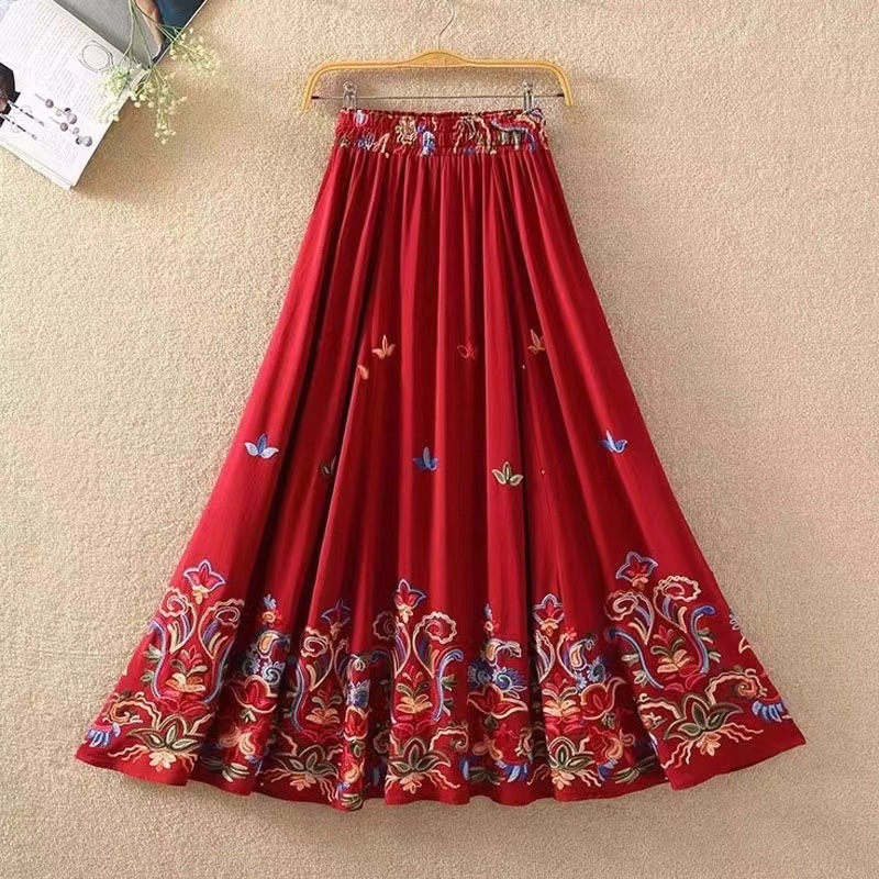 Етно стилова дълга пола А-линия с вишивка на слон, памук-лен микс, съдържание памук 50-70%, коноп <30%, Пролет 2023