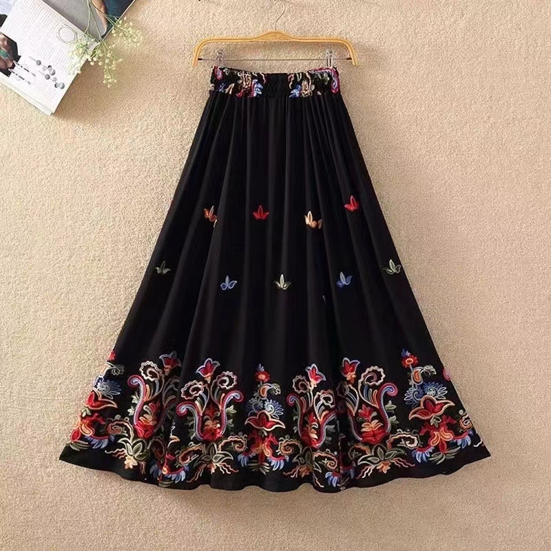 Етно стилова дълга пола А-линия с вишивка на слон, памук-лен микс, съдържание памук 50-70%, коноп <30%, Пролет 2023