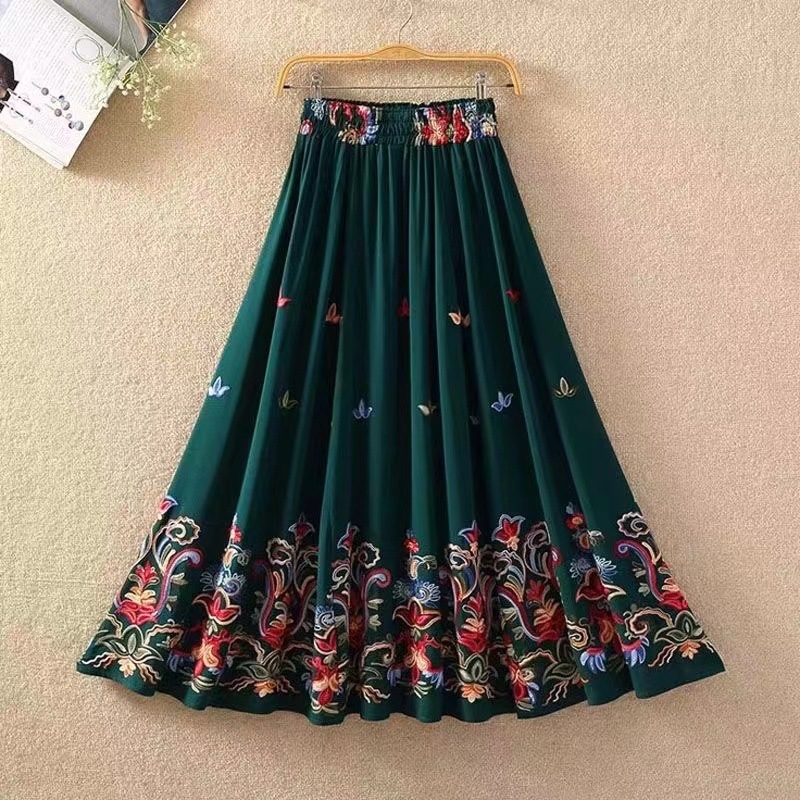 Етно стилова дълга пола А-линия с вишивка на слон, памук-лен микс, съдържание памук 50-70%, коноп <30%, Пролет 2023