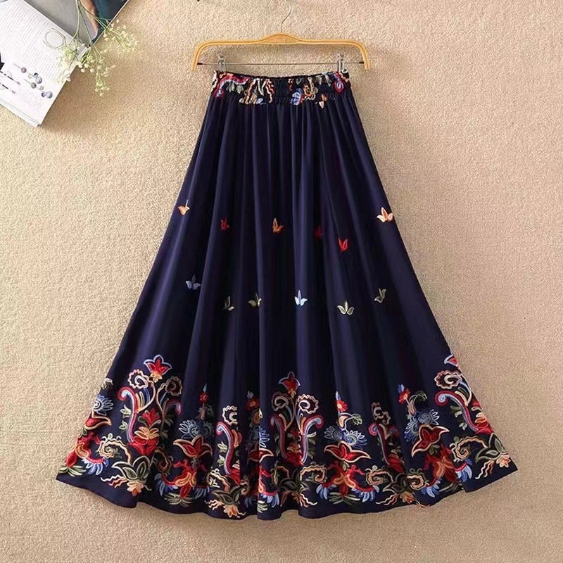 Етно стилова дълга пола А-линия с вишивка на слон, памук-лен микс, съдържание памук 50-70%, коноп <30%, Пролет 2023