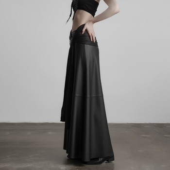 Пола с презрамки от PU кожа, A-Line дълга - мрачно готик уличен стил, полиестер 50-70%, есен 2025
