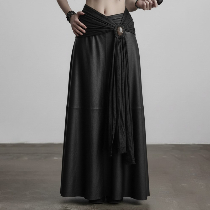 Пола с презрамки от PU кожа, A-Line дълга - мрачно готик уличен стил, полиестер 50-70%, есен 2025