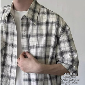 Meeste särk – linane 96%+, ruuduline muster, lappkrae, lühikesed varrukad, vaba lõige