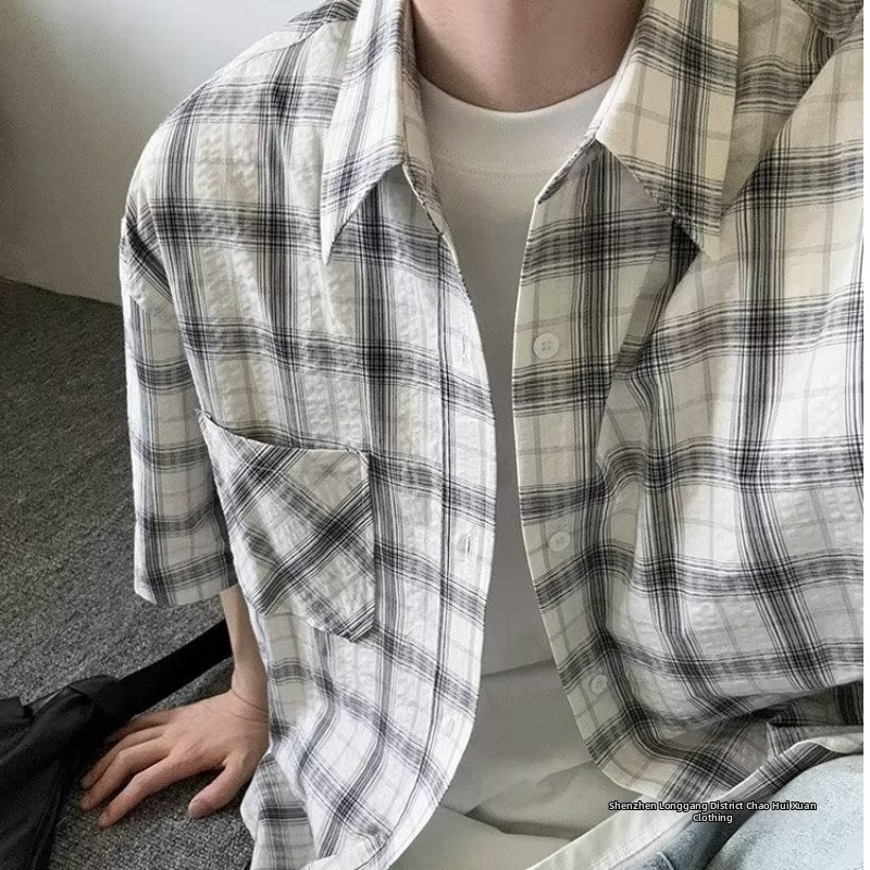 Meeste särk – linane 96%+, ruuduline muster, lappkrae, lühikesed varrukad, vaba lõige