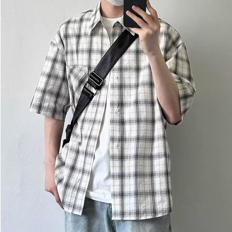 Meeste särk – linane 96%+, ruuduline muster, lappkrae, lühikesed varrukad, vaba lõige