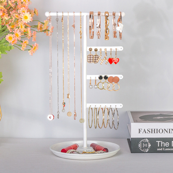 Стойка за бижута с метална тава в основата, настолен държач за обеци и колиета, разборна, с четири нива