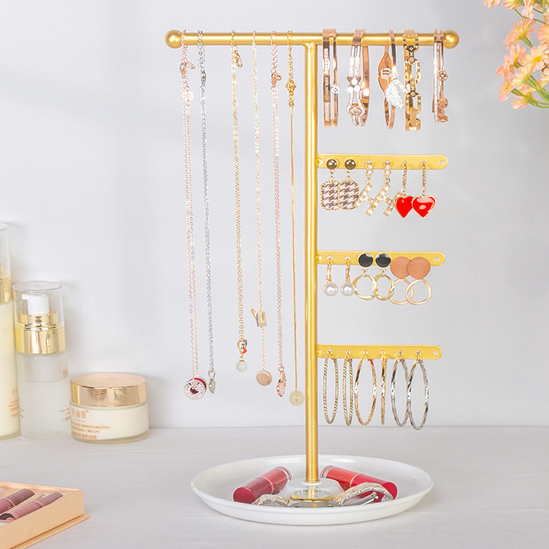 Стойка за бижута с метална тава в основата, настолен държач за обеци и колиета, разборна, с четири нива