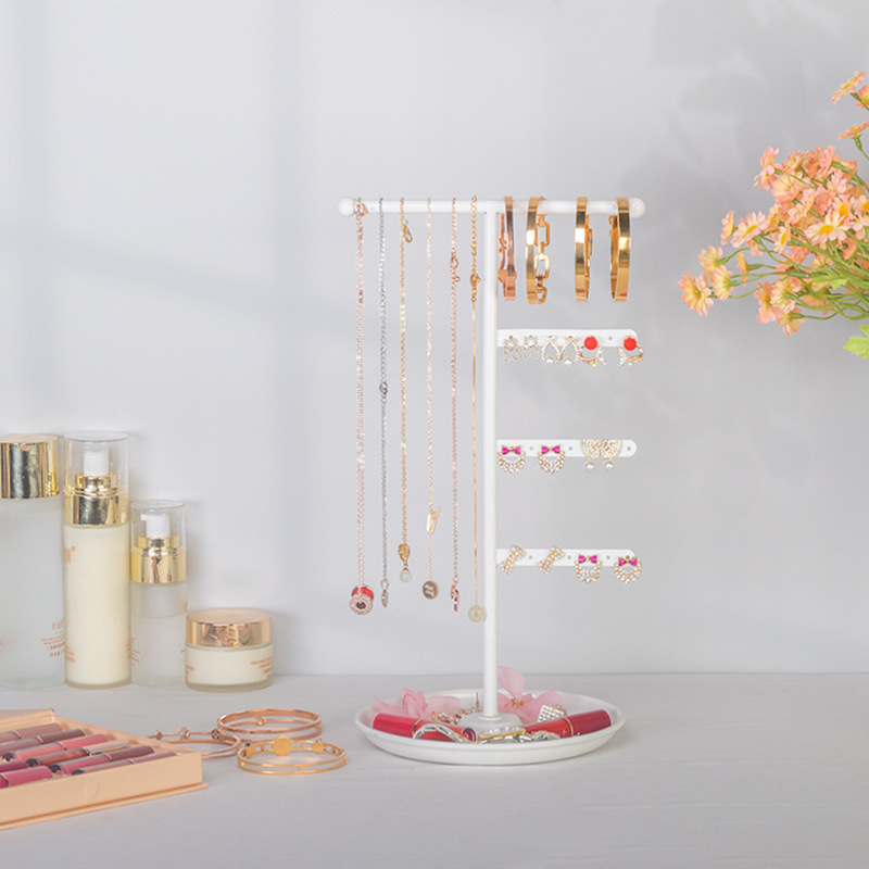 Стойка за бижута с метална тава в основата, настолен държач за обеци и колиета, разборна, с четири нива