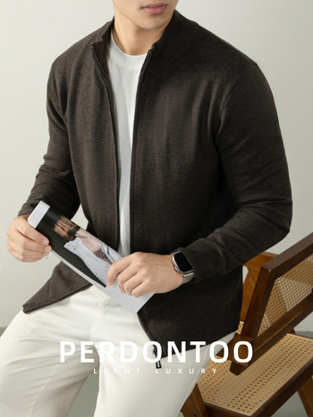 Vīriešu adījuma kardigans no vilnas-modāla maisījuma ar rāvējslēdzēju, stāvā apkakle, regulārs piegriezums, ziema