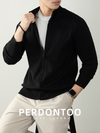 Vīriešu adījuma kardigans no vilnas-modāla maisījuma ar rāvējslēdzēju, stāvā apkakle, regulārs piegriezums, ziema