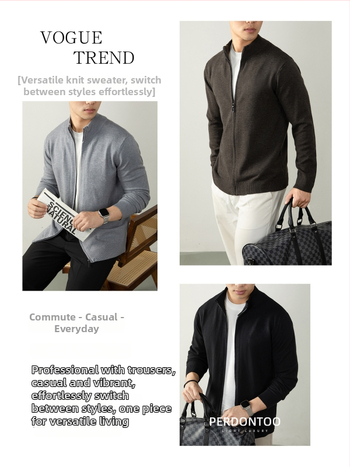 Vīriešu adījuma kardigans no vilnas-modāla maisījuma ar rāvējslēdzēju, stāvā apkakle, regulārs piegriezums, ziema