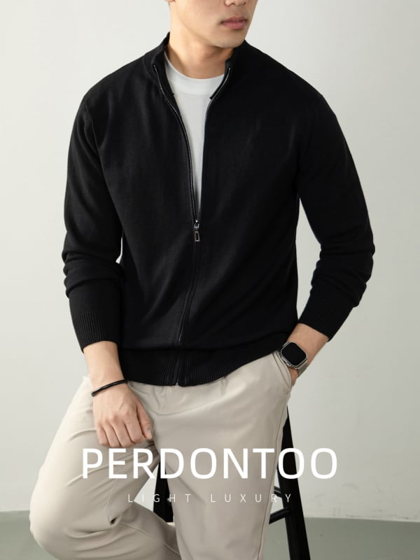 Vīriešu adījuma kardigans no vilnas-modāla maisījuma ar rāvējslēdzēju, stāvā apkakle, regulārs piegriezums, ziema