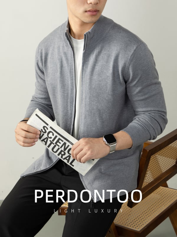 Vīriešu adījuma kardigans no vilnas-modāla maisījuma ar rāvējslēdzēju, stāvā apkakle, regulārs piegriezums, ziema