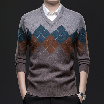 Meeste paksu kudumiga V-kaelusega džemprit, värviliste plokkide disain, pikkade varrukatega, talv 2025