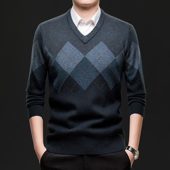 Meeste paksu kudumiga V-kaelusega džemprit, värviliste plokkide disain, pikkade varrukatega, talv 2025