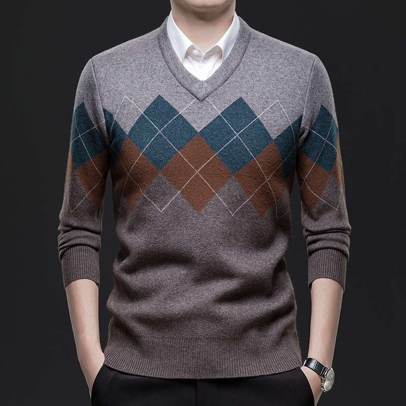 Meeste paksu kudumiga V-kaelusega džemprit, värviliste plokkide disain, pikkade varrukatega, talv 2025